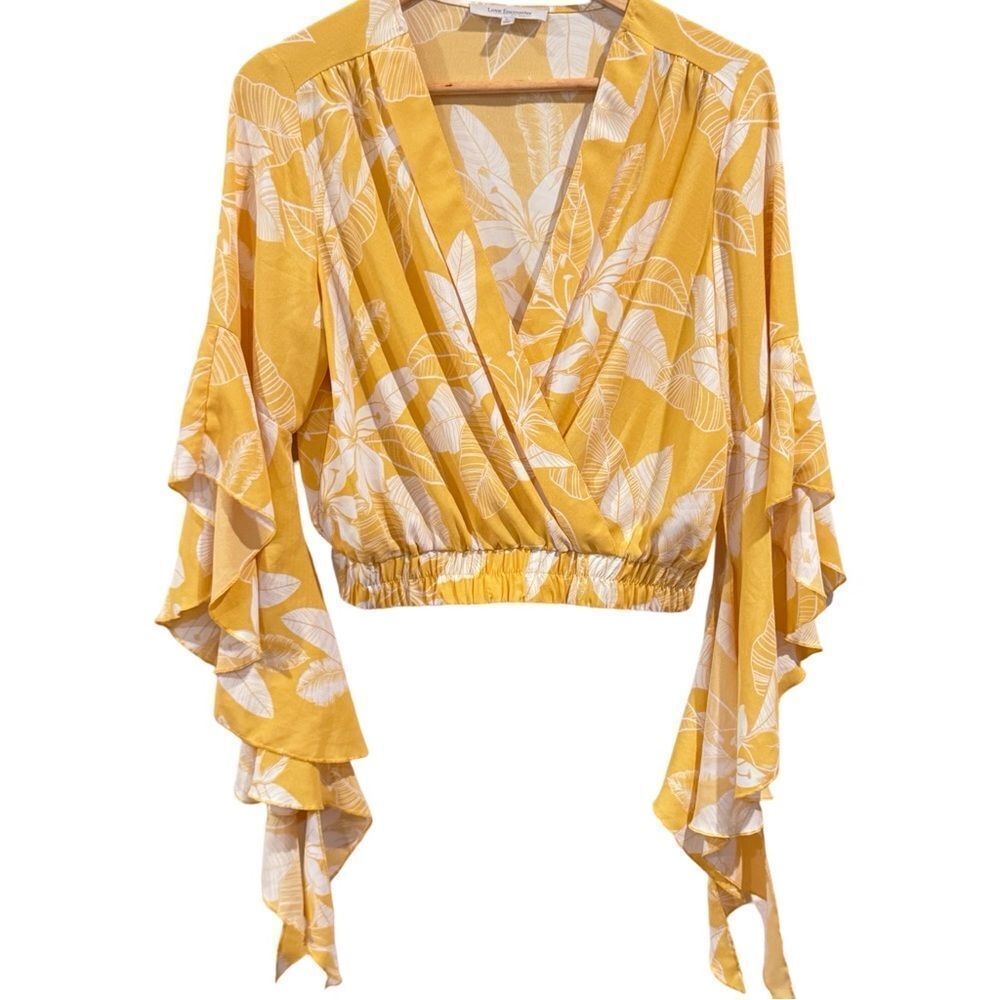 Yellow Ruffled Bell Sleeve Crop Blouse